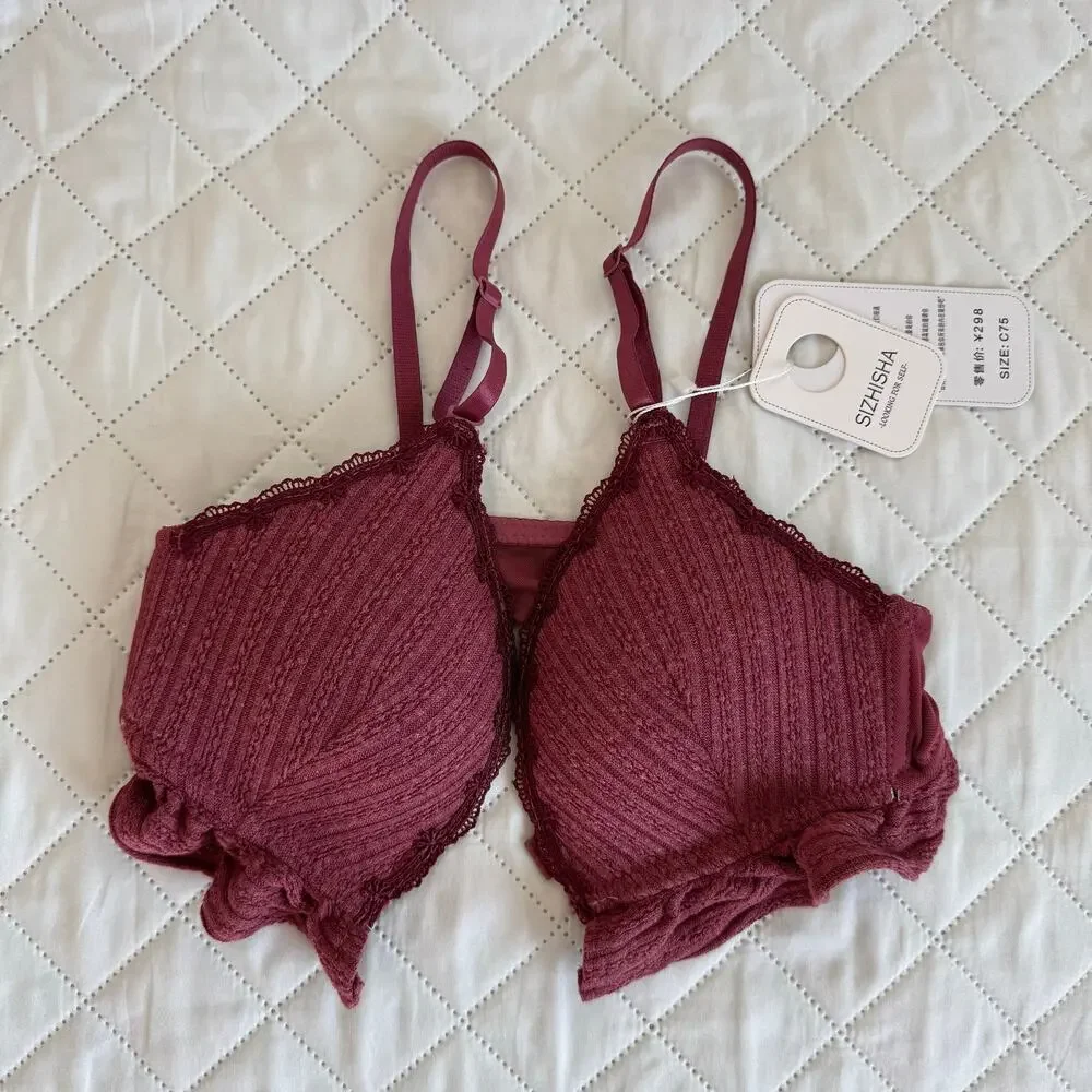 NWT Sizhisha Lace Bralette Wireless Triangle Bra Burgundy Wine Red Size 75B /34B